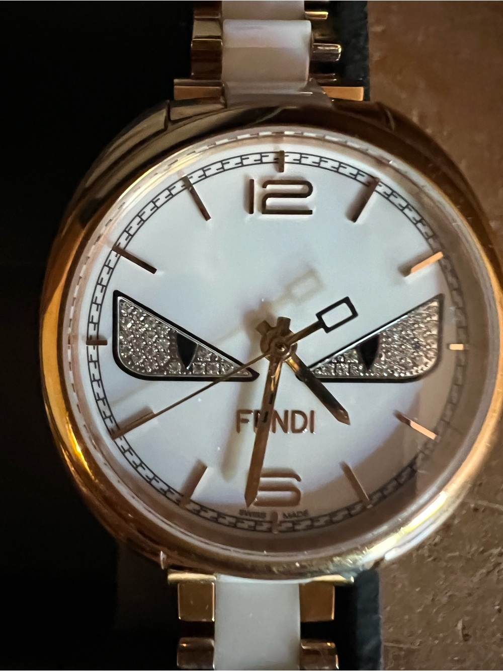 Fendi White and Gold Crystal Monster-Eye Bracelet Watch